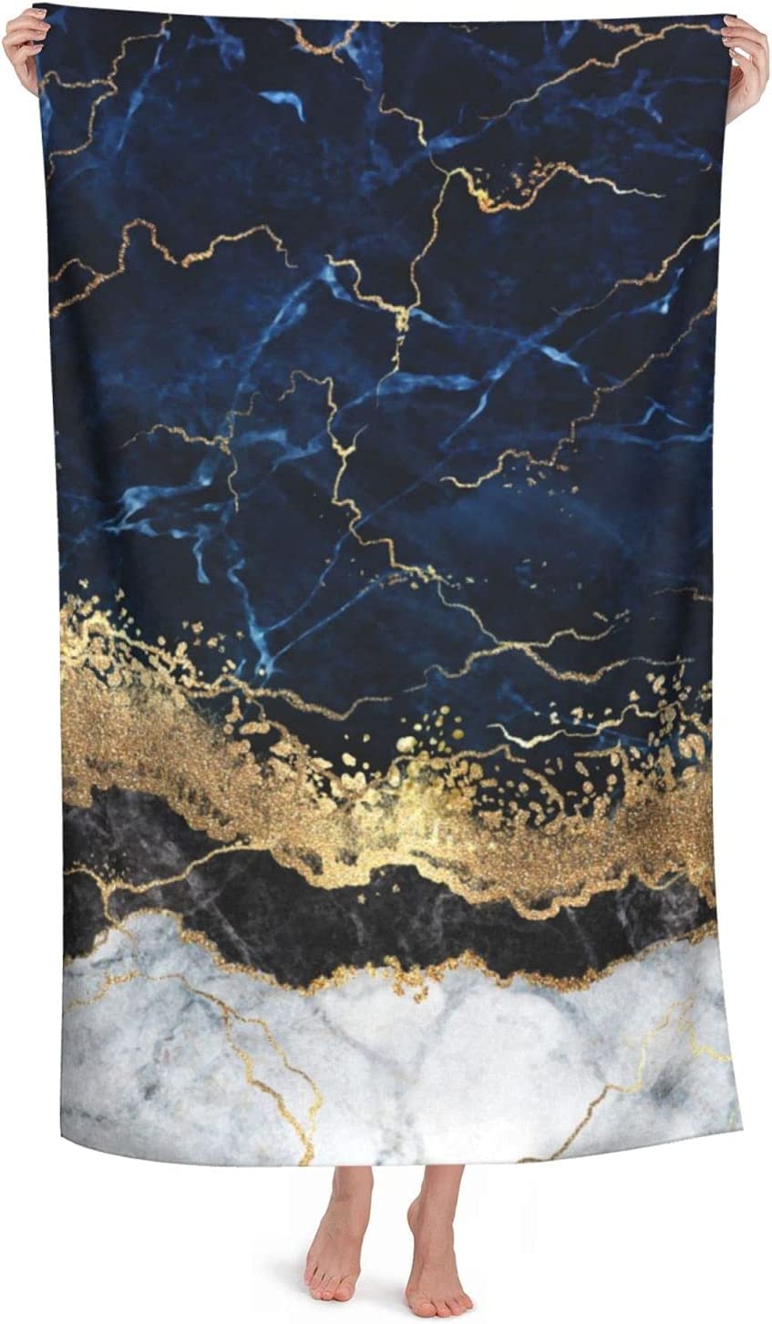 Gold Bath Towel Navy Blue Marble Abstract Beach Towels Soft Absorbent Washcloths Quick Dry