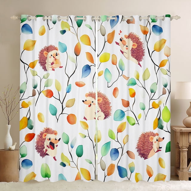 YST Rideaux Occultants Hérisson Mignon pour Enfants Garçons Filles Rideaux Floraux Boho & Draperies, Rideaux Feuilles Colorées Plante Aquarelle Abstraite Draperies de Fenêtre Animaux Sauvages