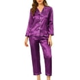 thumbnail image 2 of INSPIRE CHIC Women's Satin Lounge Set Long Sleeve Button Down Shirts with Pants Silky Pajamas XS Purple, 2 of 7