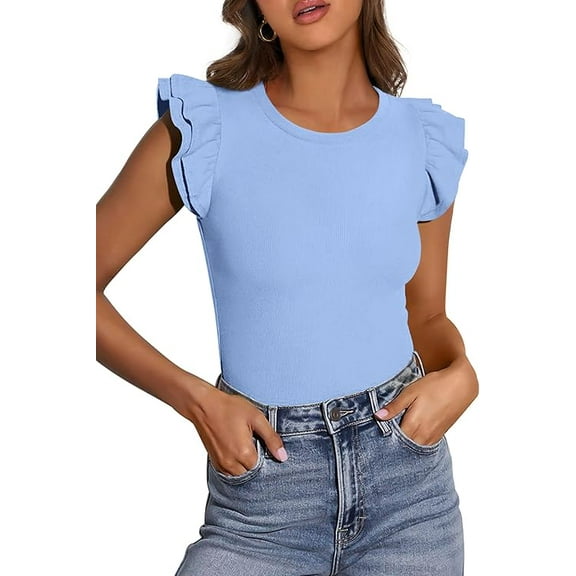 PRETTYGARDEN Womens Summer Crew Neck T Shirts Trendy Ruffle Sleeve Slim Fit Knit Going Out Tops Casual Spring Clothes