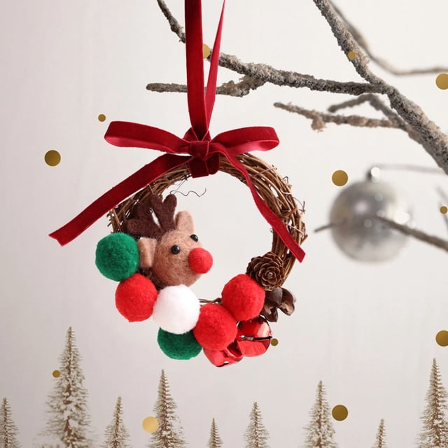 Deeceymbur Creative Christmas Mini Rattan Wreath Reindeer Bells Element Decor Hanging Ornament for Home Tree Door Holiday