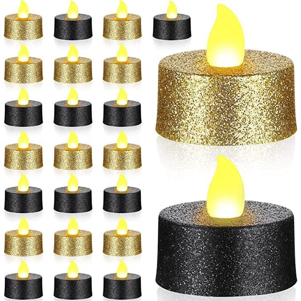 24 velas de té LED con purpurina dorada, velas negras sin llama, velas votivas a pilas con luz amarilla cálida para centros de mesa de bodas y Navidad