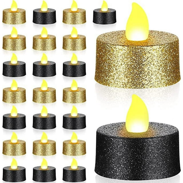 24 velas LED doradas con purpurina, velas votivas negras sin llama, funcionan con pilas y tienen una luz amarilla cálida para Navidad, bodas, centros de mesa y cumpleaños.
