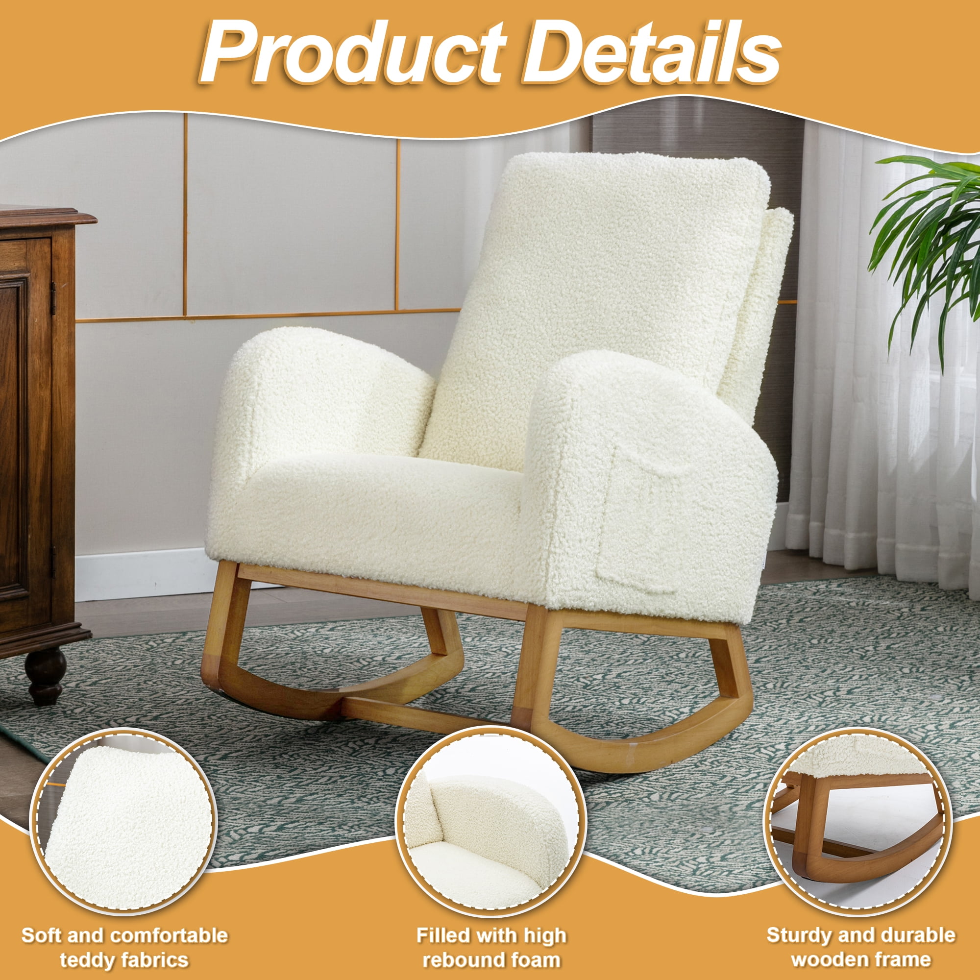 Lunale Rocking Chair for Nursery, High Back Adults Glider Rocker for Living Room, White Teddy