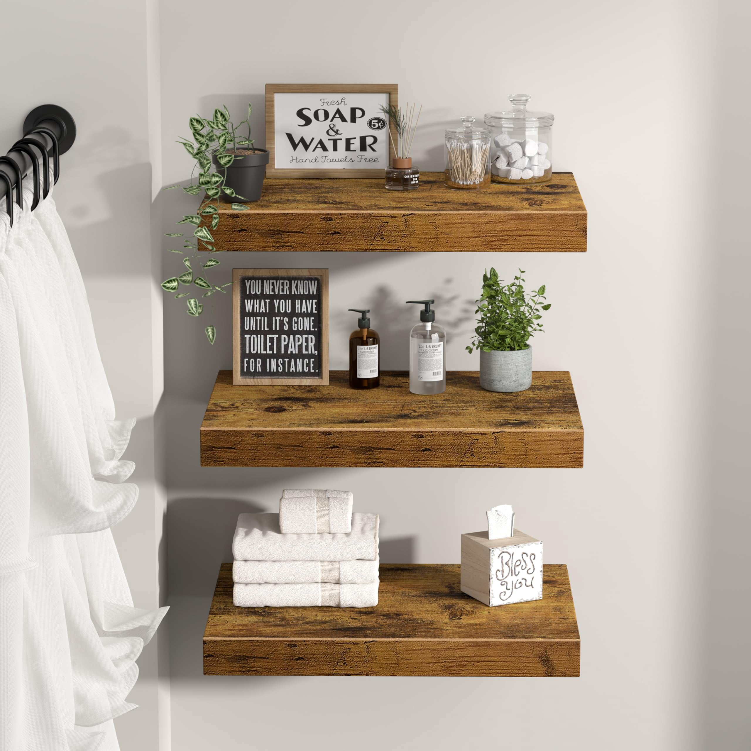 10" Deep Floating Shelves For Wall - 10 X 16 Inch Book Shelf Bathroom Bedroom Kitchen Living Room Hanging Bookshelf Farmhouse Set Of 3  Rustic Brown (025-40bn3)