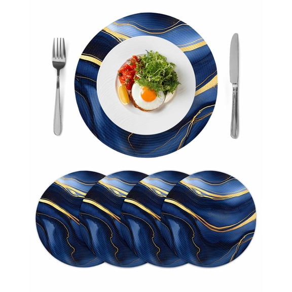 Marble Navy Blue Round 15 Inch Placemats Set of 4, Modern Golden Ombre Retro Fluid Art HeatResistant Non Slip Place Mats for Dining Table, Wipeable Braided Kitchen Table Mats for Housewarming