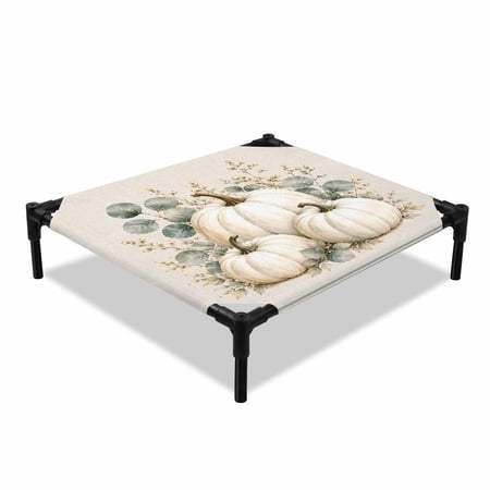 Autumn White Pumpkin Elevated Dog Bed Harvest Botanical Retro Linen Green Stripe Cooling Breathable Outdoor Raised Dog Cot Bed with Metal Frame Non-Slip Feet for Small Dog 20x20in