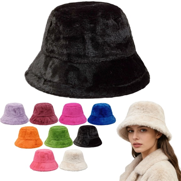 HJYCHN Plush Fluffy Hat Winter Furry Style Bucket Hat Warm Thickened Fisherman Cap for Women and Girls Golf Hat Black One Size