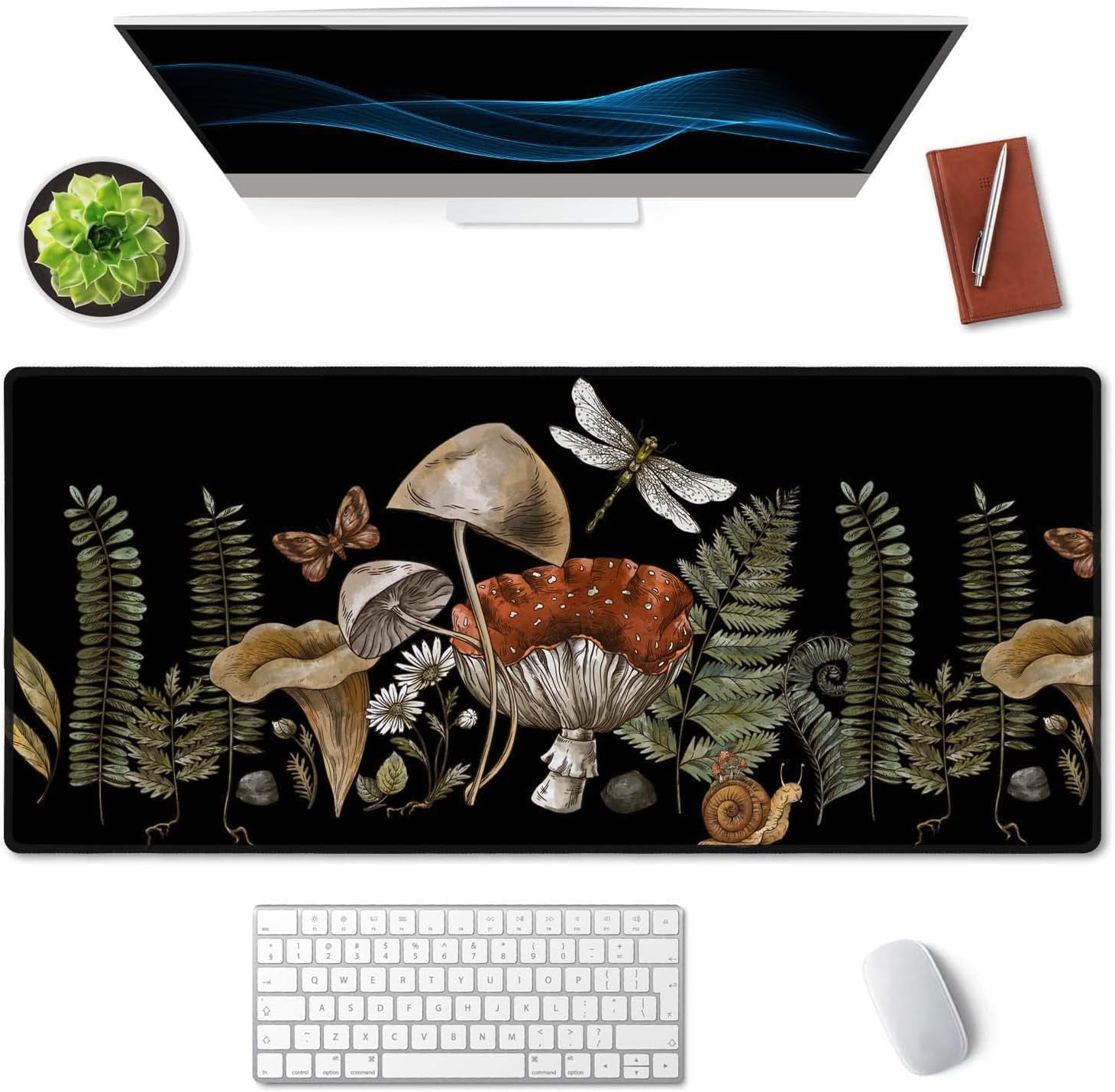 Cute Witch Magic Mushroom Forager Fern Desk Mat, Boho Extended Mouse Pad, Extra Large Gaming Desk Pad Non-Slip Water-Resistant Rubber Base Computer Keyboard Mouse Mat, 35.5 x 15.7-inch
