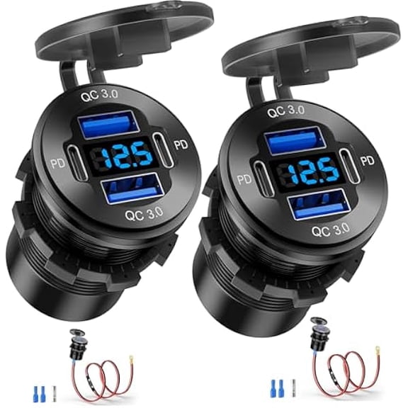 Quyaojz 12V USB Outlet, 4 Port Aluminum Charger Socket 2 C PD & 2 QC3.0 with Voltmeter, 12V/24V Car USB Charger Socket for Car Boat Marine Bus Truck Golf RV Motorcycle and More 2-Pack
