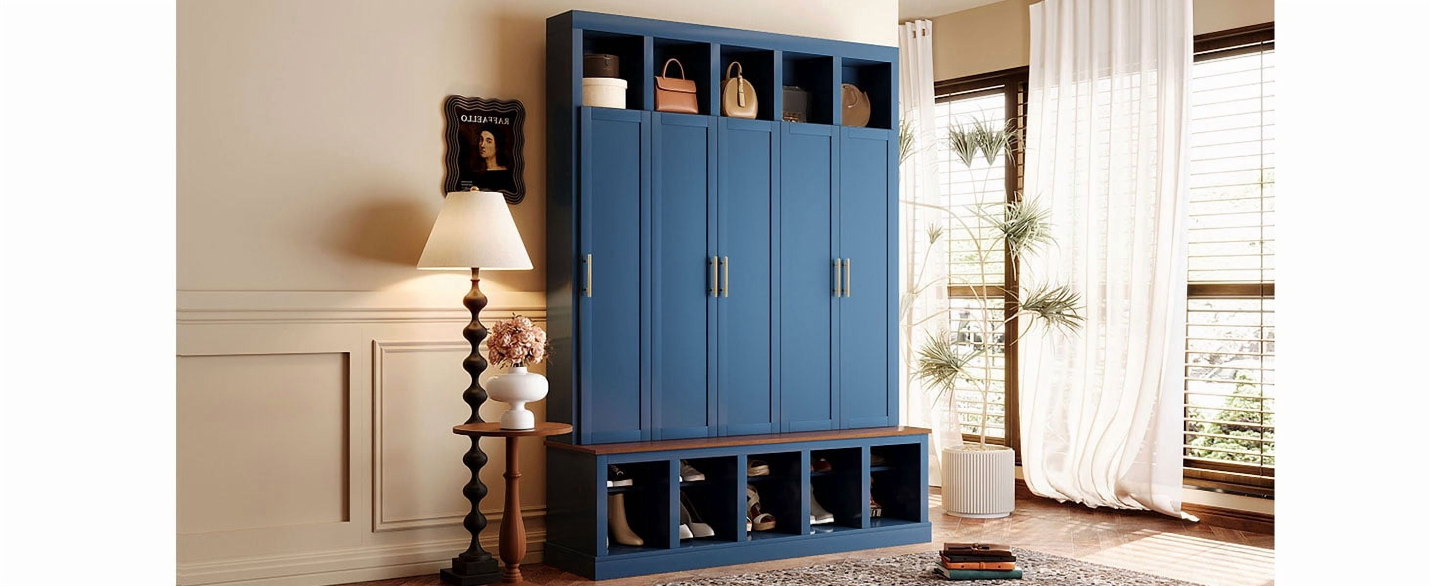 Mintazer 76” Tall Farmhouse Hall Tree with Shoe Rack Bench & Display Cubbies, Storage Cabinet with 3 Doors Closet for Entryway, Living Room, Bedroom, Navy Blue