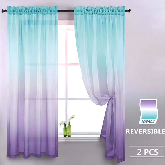 AUQ Purple and Blue Curtains for Bedroom Decor Set of 2 Single Panel Pocket Window Voile Pastel Sheer Ombre Rainbow Curtain for Room Decoration Teen Princess