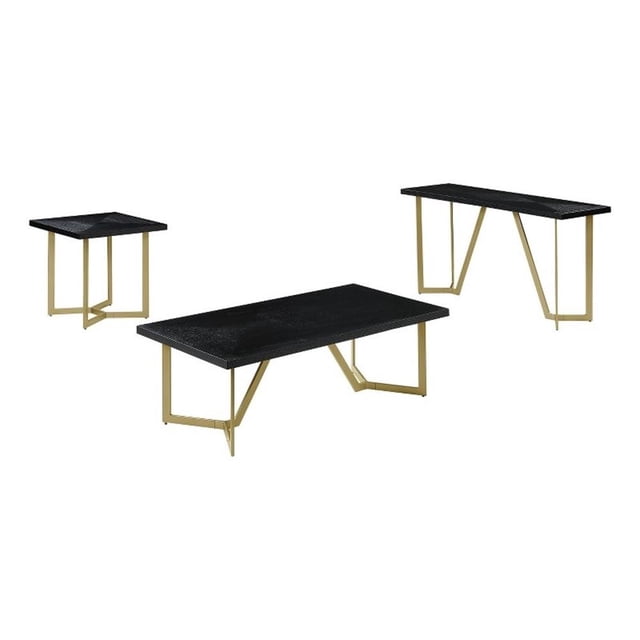 Ensemble de 3 Tables Basses en Bois Noir avec Pieds Peints Dorés