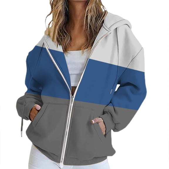BODOAO Women's Full Zip Up Hoodie Fall Jacket Oversized Sweatshirt Zipper Long Sleeve Tops Color Block Long Sleeve Hooded Sweatshirts with Pockets Jacket Coat for Women Blue L