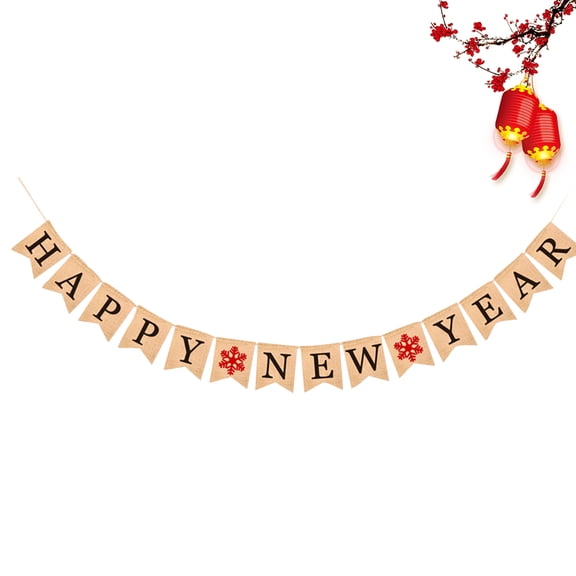 RENACLIPY Holiday Happy New Year Banner Vintage Burlap Garland for New Year Celebration Black Decoration