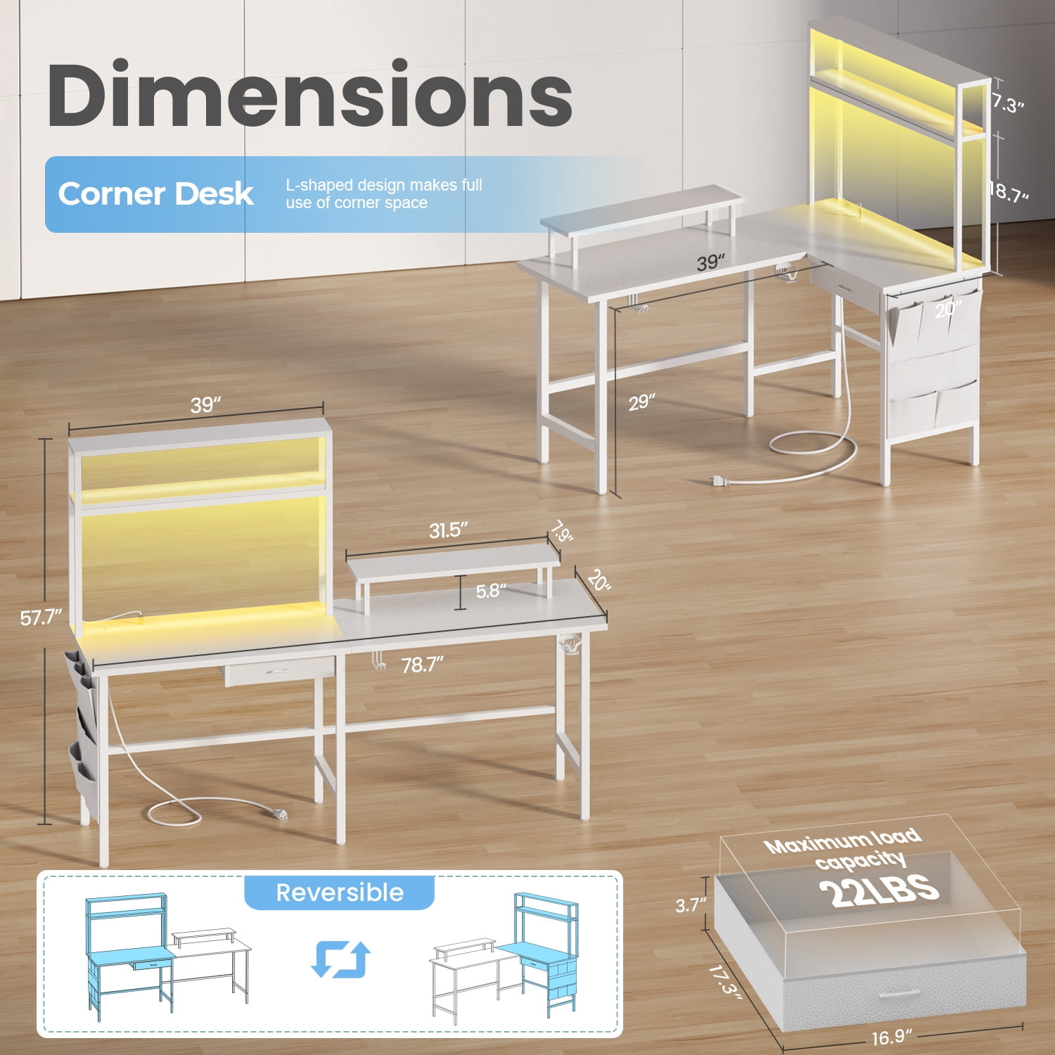 HLDIRECT L Shaped Gaming Desk with LED Light & Power Outlet, 59 Inch Reversible Corner Computer Desk with Storage Shelves & Drawer & Bag, Game Table with Hutch Monitor Stand, White