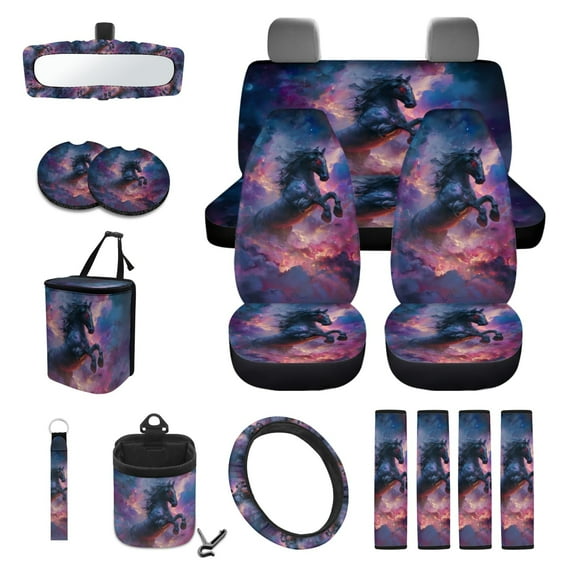 Renewold Black Horse Galaxy 15 PCS Car Seat Cover Set, with Steering Wheel Seat Belt Cover Rear View Mirror Cover Coaster Trash Cans Keychain Air Vent Storage Bag Universal Fit