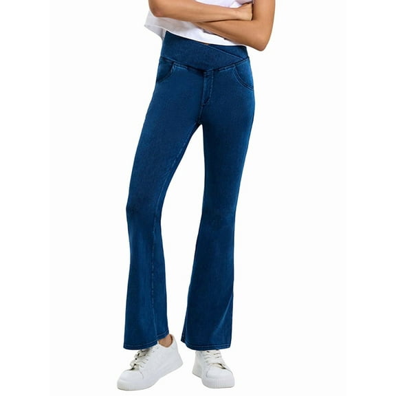 Women Crossover High Waisted Stretchy Bootcut Jeans Slim Fit Denim Yoga Leggings with Pockets Middle Blue S