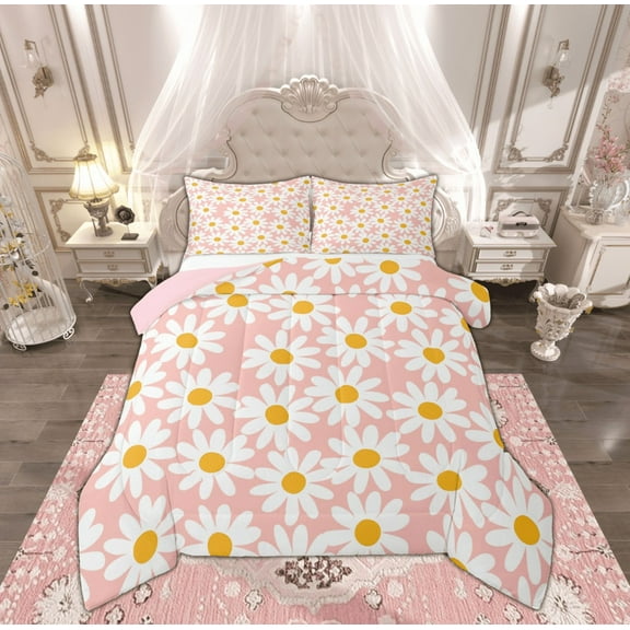 Feelyou Pink Groovy Flower Bedding Comforter Set for Girls, Rustic Daisy Floral Twin Comforter Sets, Vibrant Plant Reversible Bedding Set, Microfiber Bedroom Decor, 2pcs