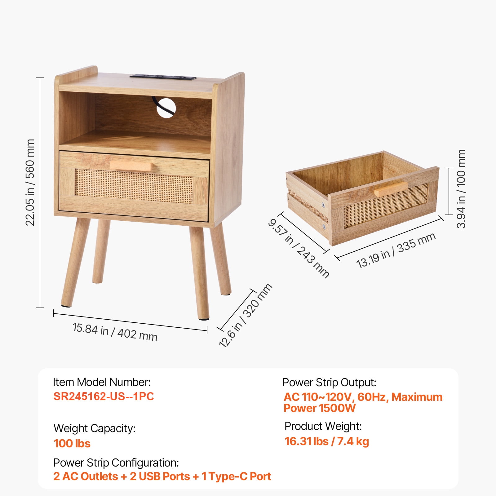 KFFKFF Wicker Nightstand, Chic Bedside Stand with Drawer and Open Shelf, Wooden End Table with Sturdy Wood Legs, Wicker Accent Table with Power Outlet, Suitable for Bedroom, Office & Lounge