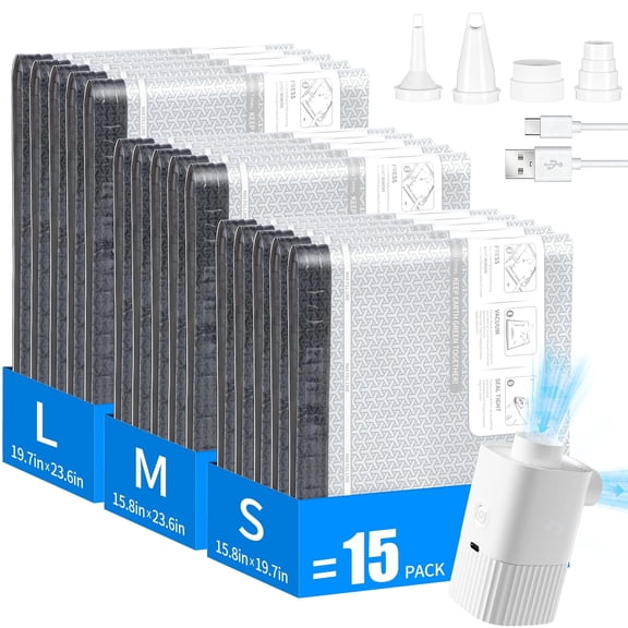 TINANA Vacuum Storage Bags for Travel with Rechargeable Electric Pump, 15 Pack Space Saver Bags for Clothes, Bedding, Luggage, and Suitcase Compression