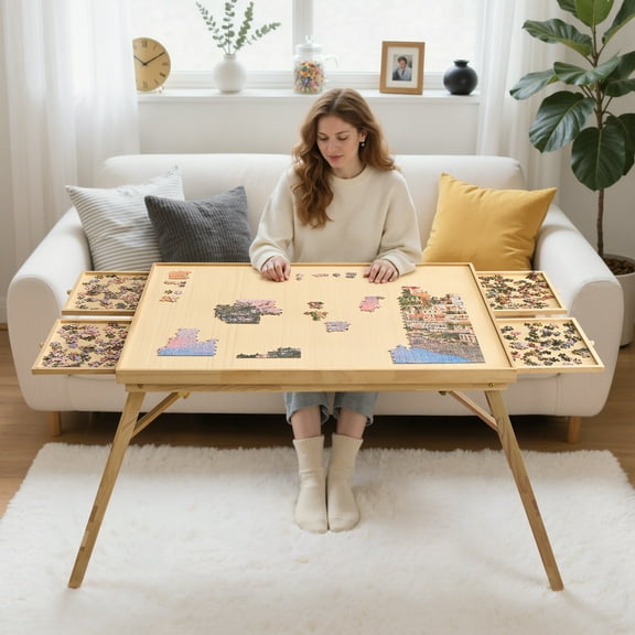 2.3' H Puzzle Table With 4 Sliding Drawers and Covers, 1500 Pieces Portable Jigsaw Puzzle Table For Adults,34''x26'' Wooden Folding Puzzle Tays