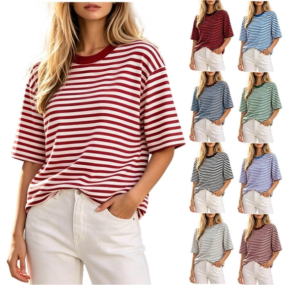 Maplenight Striped T Shirts for Women Crew Neck Half Sleeve Tee Shirts Relaxed Fit Casual Weekend Walk Lightweight Basic Tops