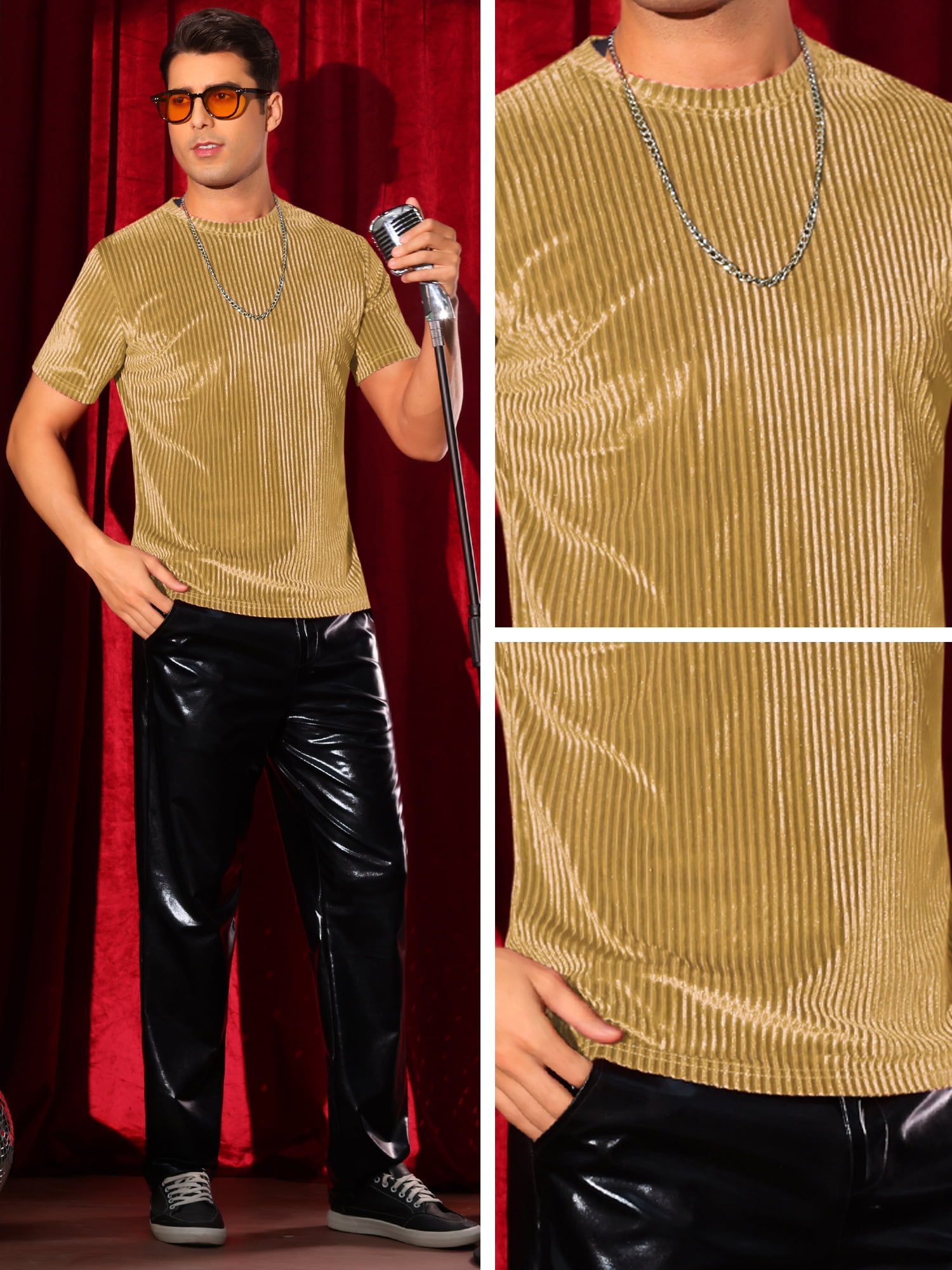 DARING DIVA Men's Velvet Crew Neck Short Sleeve Tee Tops Disco Velour T Shirts S Golden