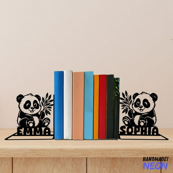 Handmadetneonsign Baby Panda Metal Bookends, Cute Panda Name Bookend, Panda Animal Table Bookshelf Decor 80089