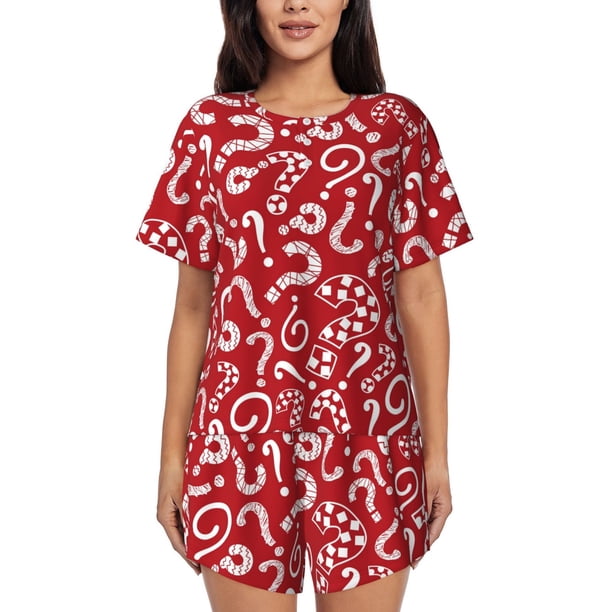Balery Question Marks1 Conjunto de Pijama para Mujer con Estampado, Dos Piezas de Manga Corta y Shorts, Ropa de Dormir Suave con Cuello Redondo y Bolsillos-Small