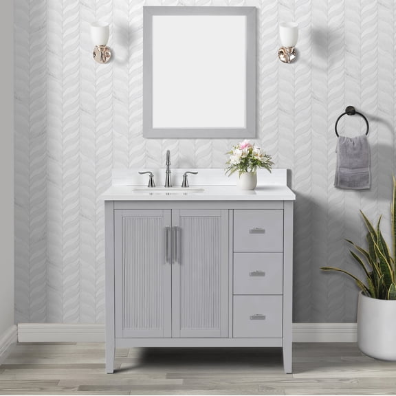 Luton 36" Single Bathroom Vanity with White Quartz Top, Sink & Backsplash. 36" W x 22" D x 34.5" H. Modern Gray. Solid Wood. Pre-Assembleb. 2 Soft-Closing Doors. 1 Drawer. Adjustable Feet.