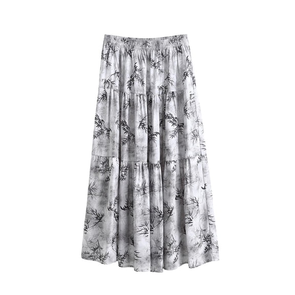 Vynhevius Women's Tiered Maxi Skirt Printed Elastic High Waist Summer Boho Casual Flowy Long Skirts