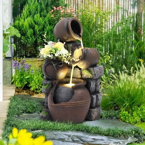 4-Tiers Garden Waterfall Fountain Outdoor - Water Fountains and Waterfalls, Outdoor/Indoor Floor Standing Resin Water Fountain with LED Light for Patio, Garden and Backyard, Deck, Porch, Home