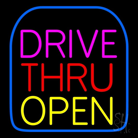Drive Thru Open LED Neon Sign 24 x 24 - inches, Black Square Cut Acrylic Backing, with Dimmer - Bright and Premium built indoor LED Neon Sign for restaurant window and interior decor.