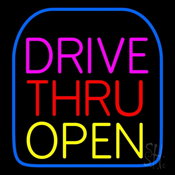 Drive Thru Open LED Neon Sign 24 x 24 - inches, Black Square Cut Acrylic Backing, with Dimmer - Bright and Premium built indoor LED Neon Sign for restaurant window and interior decor.
