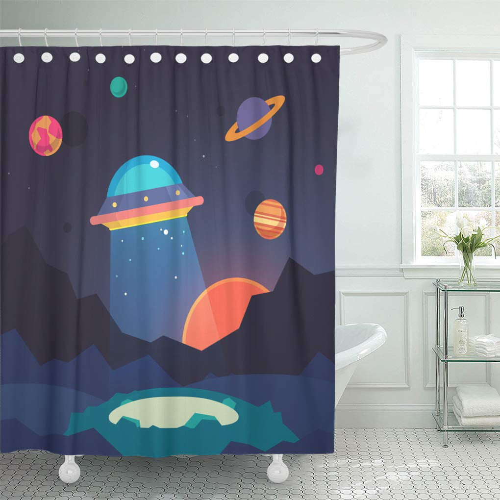 Bathroom Mat Waterproof Polyester Fabric Shower Curtain Set UFO Alien Spaceship 