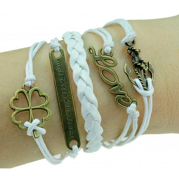 Vintage Bronze Love Anchor St Patrick's Leaf White Braided Leather Rope Bracelet