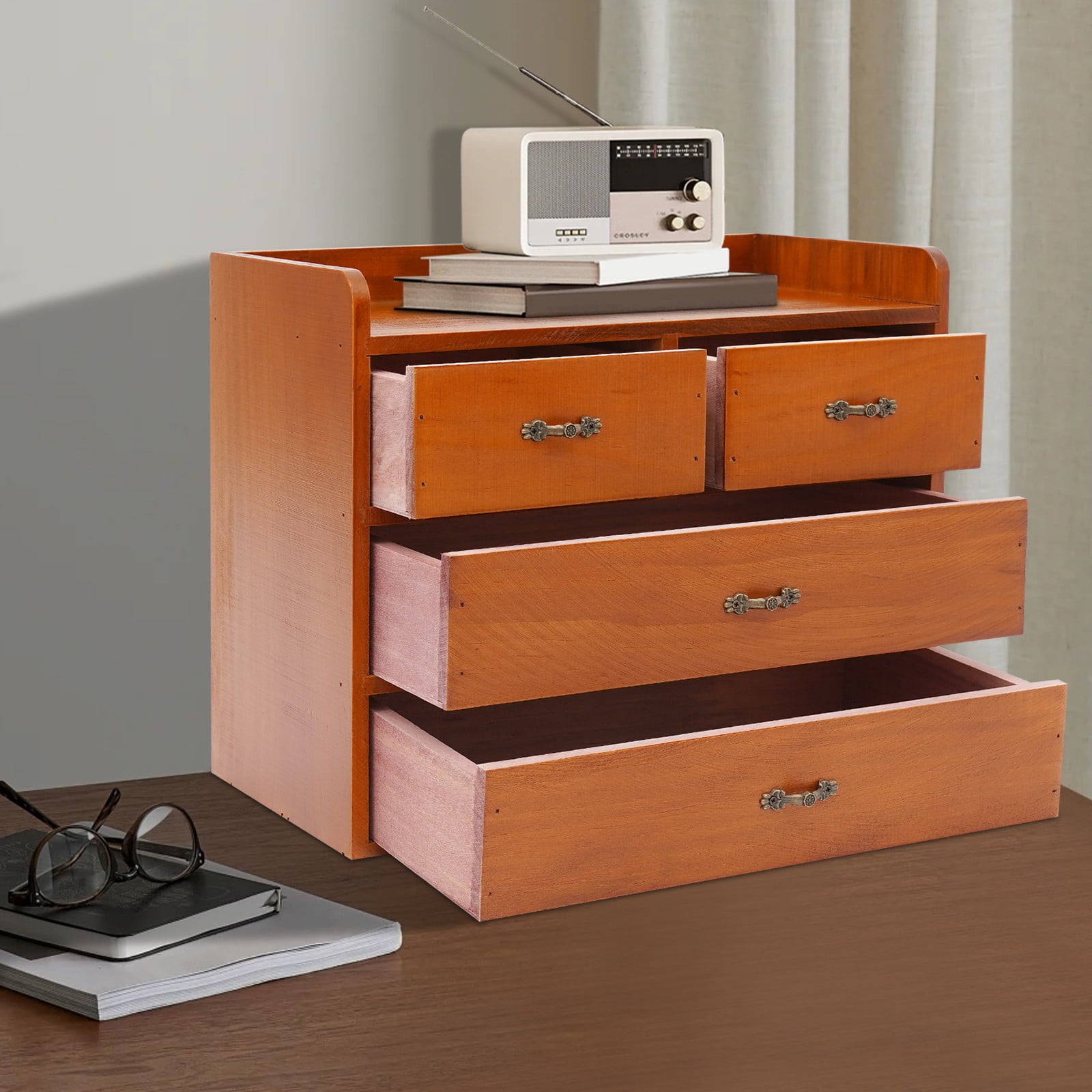 Wooden Desktop Organizer with 4 Drawers, Vintage Apothecary Style Office Organization Storage Cabinet, Tabletop Drawer Organizers for Supplies, Desk Accessories, Wood Tool Chest, Tea Cabinet