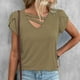 thumbnail image 2 of Mujer Verano Manga Corta Cuello En V Suelto Estilo Casual Color Puro Manga Pétalo Top para Citas Viajar Compras Caqui XL, 2 of 6