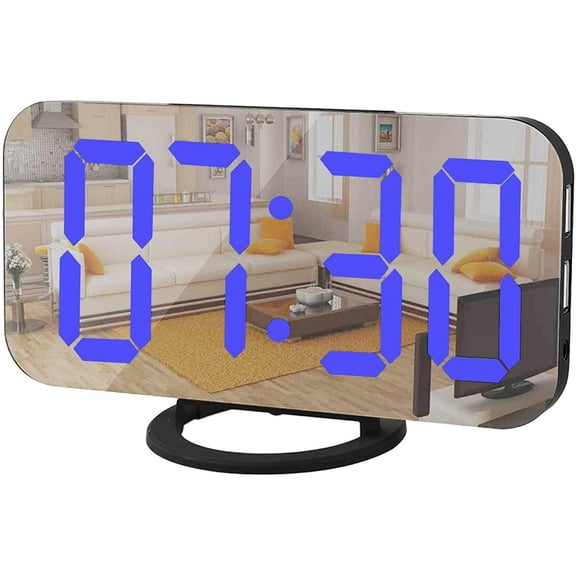 Digital Alarm Clock,Mirror Surface LED Electronic Clocks,with USB Charger,Snooze Model, Auto/Custom Brightness,for Office Table Bedroom Nightstand(Black-Blue)