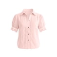 thumbnail image 6 of Mifsaly Button Down Shirts Women Crochet Lace Trim Elegant Business Casual Tops Short Sleeve V Neck Collar Blouses for Work office Summer Vacation Outfits Pink,M, 6 of 6