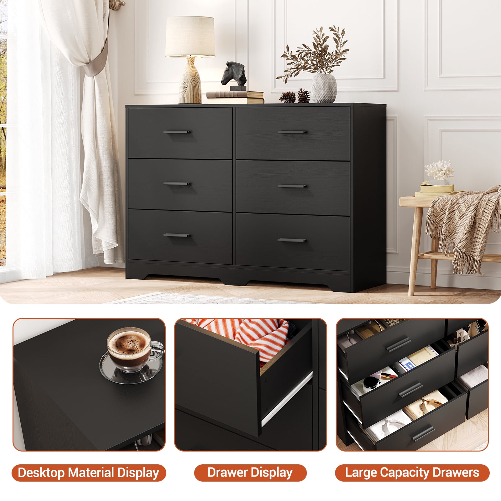Garvee 6 Drawers Dresser, Modern Closet Dressers Chest of Drawers with Metal Handle, Wooden Dresser Organizer for Bedroom, Living Room, Hallway, Black