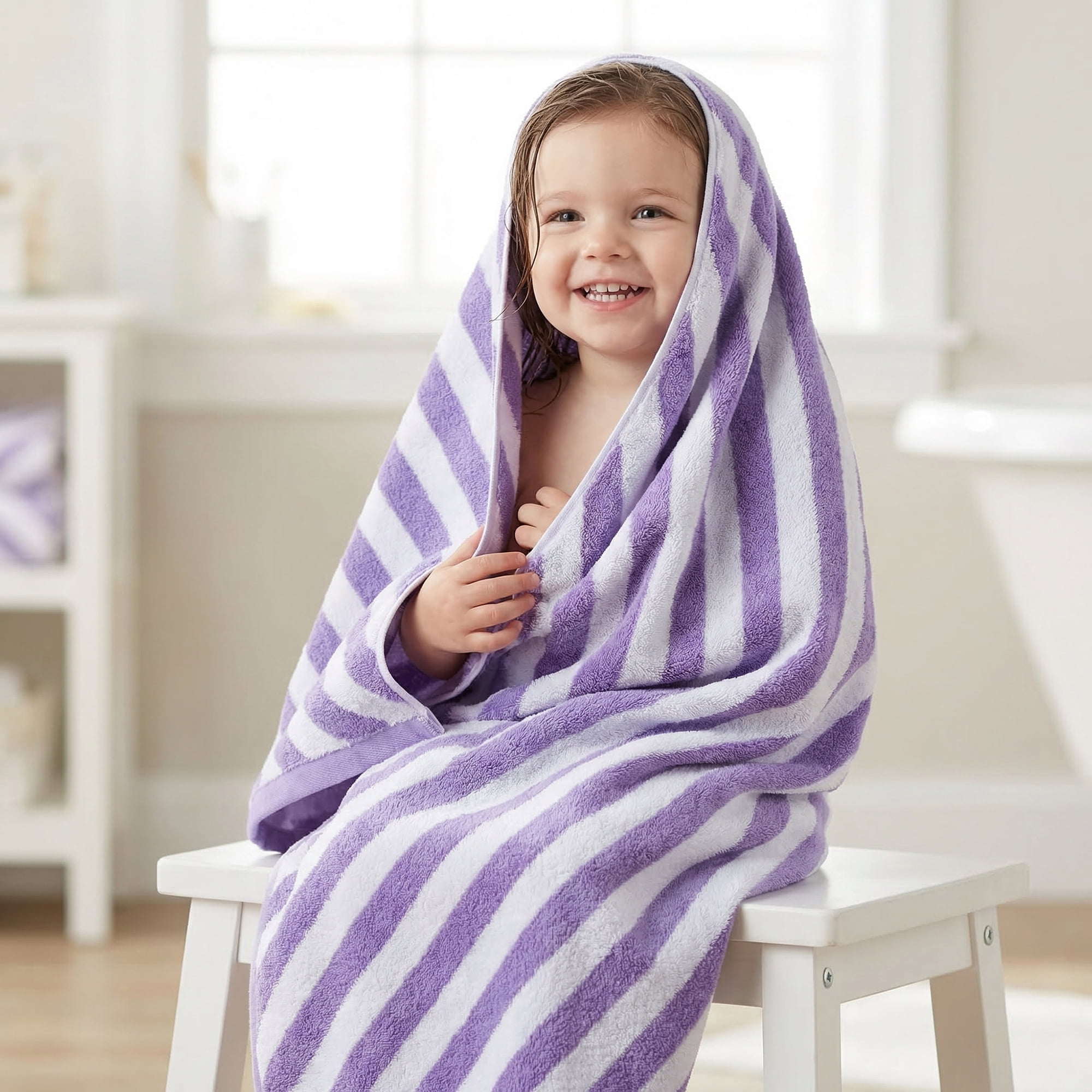 Unique Bargains Striped Absorbent Quick Dry Cotton Bath Towe 2 Pack Purple 55"x28"