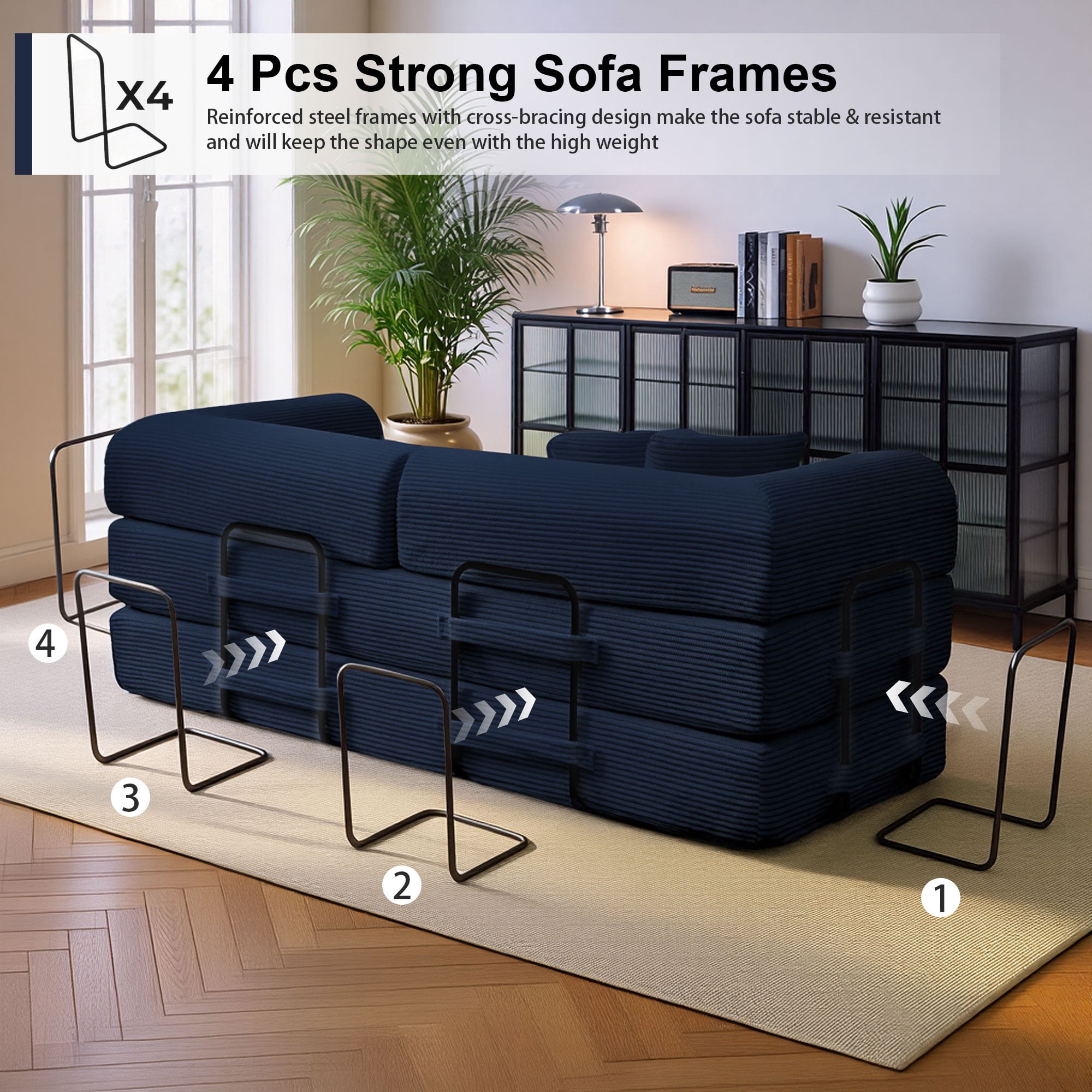 78" Convertible Sleeper Sofa Bed, Holaki Compression Folding Sofa with Pillow & 3 Seat, Corduroy Folding Sofa Couch with Fixed-Shape Frame, Floor Sofas Lounge Couch for Living Room Bedroom, Blue