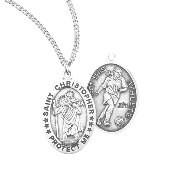 Patron Saint St Christopher Oval Sterling Silver Women's Soccer Medal, 18" Rhodium Plated Stainless Steel Chain Necklace, Made in USA, Deluxe Velvet Gift Box