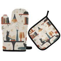 Yayeee Oven Mitts and Pot Holder Set of 4 Heat Resistant Kitchen Gloves Baking Hot Pad, Cats Reading Pattern