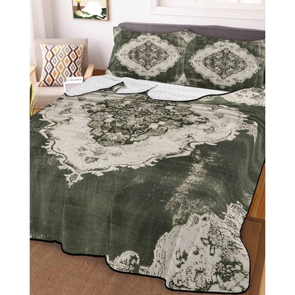 Vintage Green White King Size Down Alternative Comforter, Lightweight Comforter Quilt Bedding Set with Pillow Shams Southwestern Geometric Abstract Art All Seasons Bed Comforter Duvet Insert 96"x106"