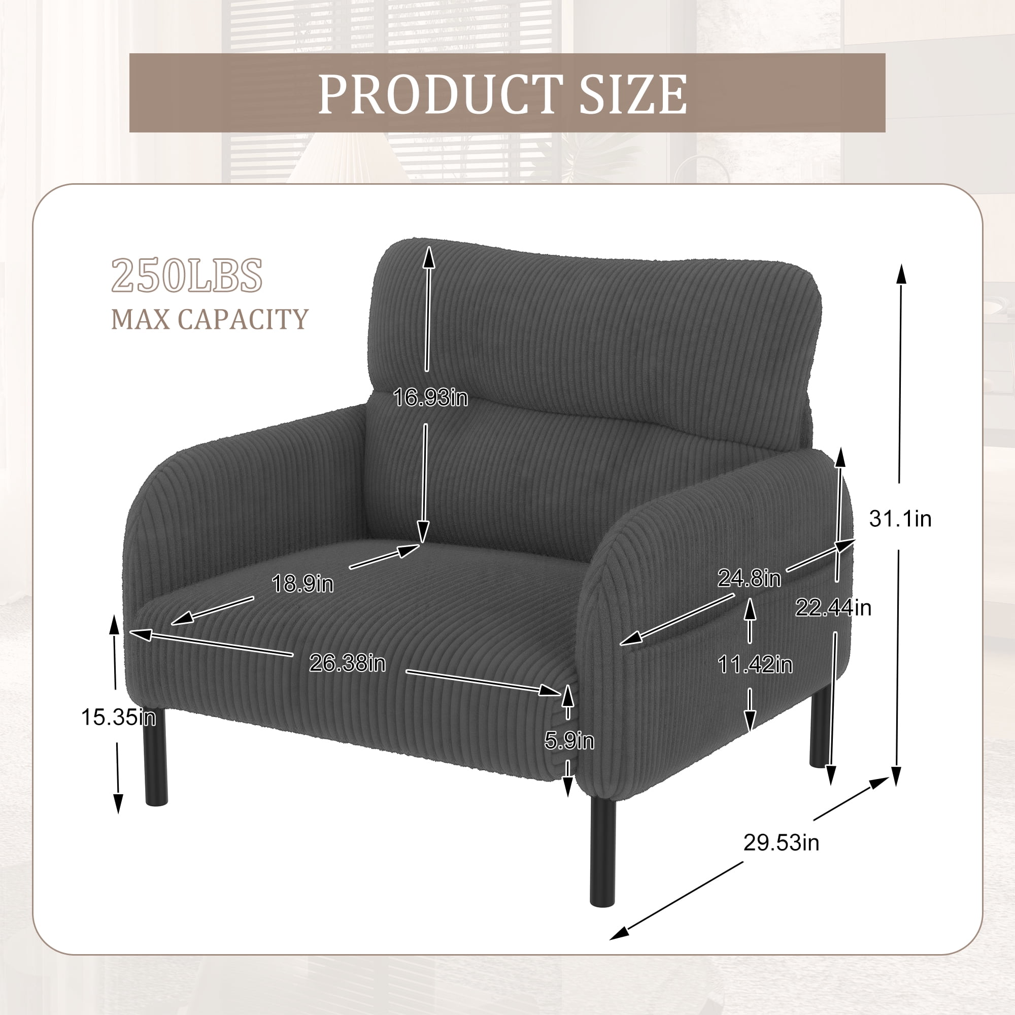 MOONMISS Corduroy Upholstered Comfortable Single Wood Frame Armchair for Living room and Bedroom-Gray