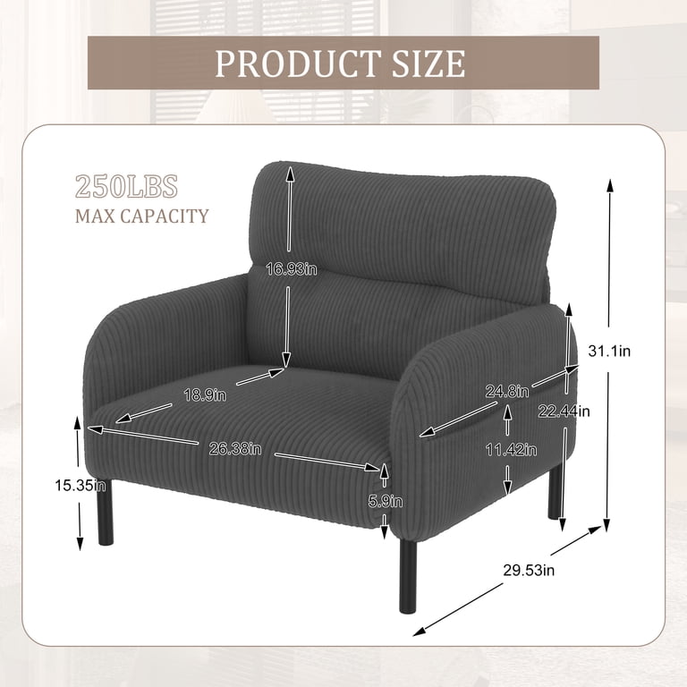 Leumius Modern Corduroy Armchair with Storage Pockets, Gray photo 7