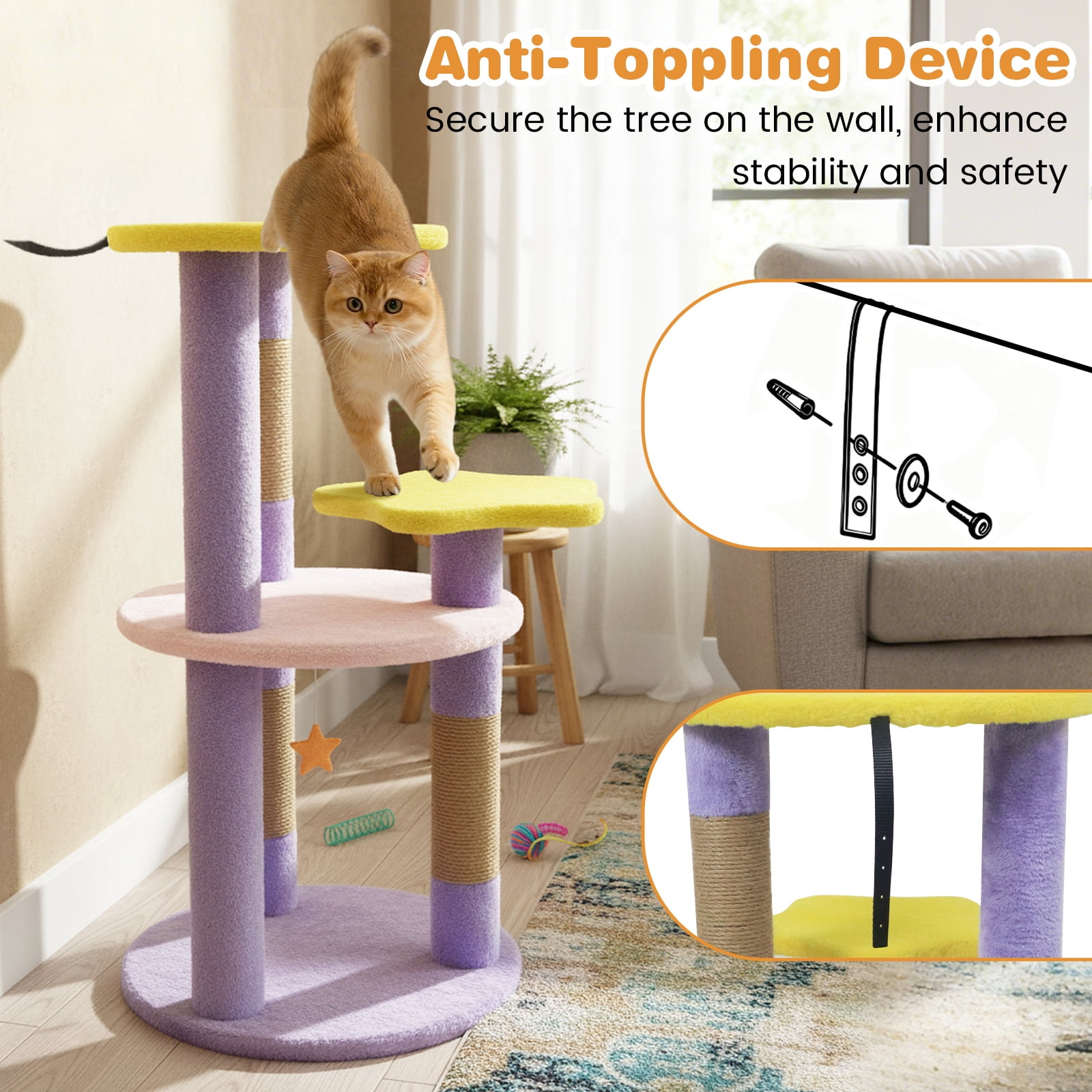 Costway 29” Cute Modern Cat Tree with Star & Moon Shaped Platforms, Jute Scratching Posts Purple